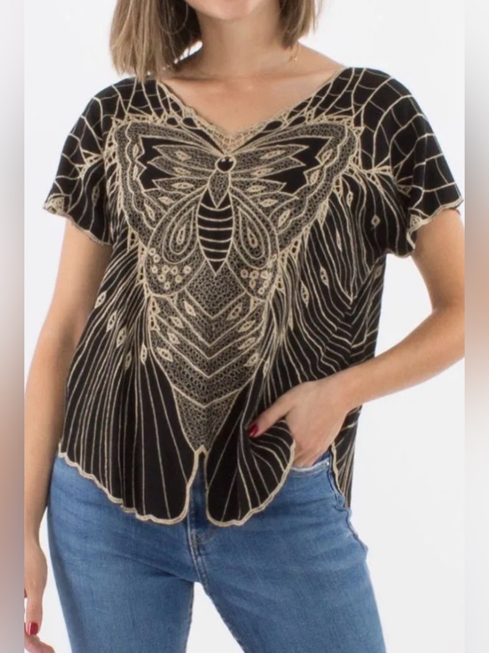 Black Top with Gold Butterfly Embroidery - Women's Short Sleeve